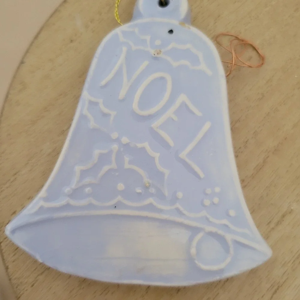 Vintage Blue Ceramic Christmas Ornaments Set Noel Bell and Snowman Disc 2pc